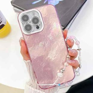 For iPhone 16 Pro Plating Glitter Texture Chain Wristband TPU Phone Case with Lens Film(Pink Tinfoil Texture)