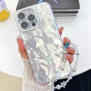 For iPhone 16 Plus Plating Glitter Texture Chain Wristband TPU Phone Case with Lens Film(White Wrinkles)