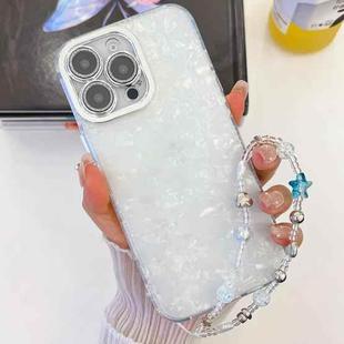 For iPhone 16 Plating Glitter Texture Chain Wristband TPU Phone Case with Lens Film(White Shell Pattern)