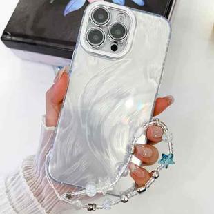 For iPhone 16 Plating Glitter Texture Chain Wristband TPU Phone Case with Lens Film(White Feather Yarn)