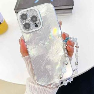 For iPhone 16 Plating Glitter Texture Chain Wristband TPU Phone Case with Lens Film(White Tinfoil Texture)