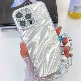 For iPhone 15 Plating Glitter Texture Chain Wristband TPU Phone Case with Lens Film(White Water Ripples)