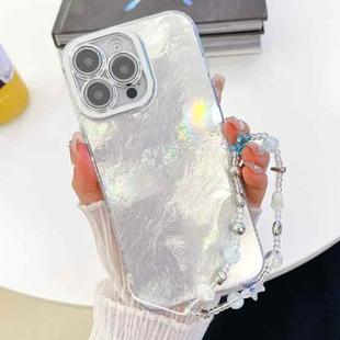 For iPhone 15 Plating Glitter Texture Chain Wristband TPU Phone Case with Lens Film(White Tinfoil Texture)