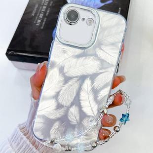 For iPhone 16e Plating Glitter Texture Chain Wristband TPU Phone Case with Lens Film(White Feathers)