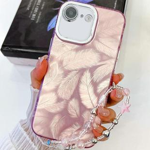 For iPhone 16e Plating Glitter Texture Chain Wristband TPU Phone Case with Lens Film(Pink Feathers)