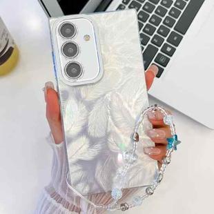 For Samsung Galaxy S24 FE 5G Plating Glitter Texture Chain Wristband TPU Phone Case with Lens Film(White Feathers)