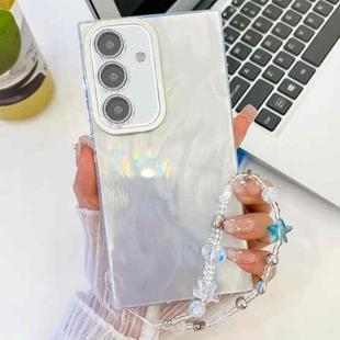 For Samsung Galaxy S24 FE 5G Plating Glitter Texture Chain Wristband TPU Phone Case with Lens Film(White Feather Yarn)