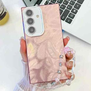 For Samsung Galaxy A15 5G Plating Glitter Texture Chain Wristband TPU Phone Case with Lens Film(Pink Feathers)