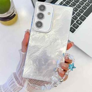 For Samsung Galaxy A55 5G Plating Glitter Texture Chain Wristband TPU Phone Case with Lens Film(White Tinfoil Texture)