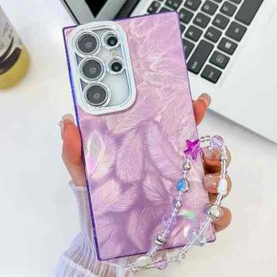 For Samsung Galaxy S24 Ultra 5G Plating Glitter Texture Chain Wristband TPU Phone Case with Lens Film(Purple Feathers)