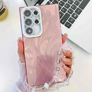 For Samsung Galaxy S24 Ultra 5G Plating Glitter Texture Chain Wristband TPU Phone Case with Lens Film(Pink Feather Yarn)