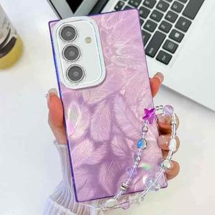 For Samsung Galaxy S24+ 5G Plating Glitter Texture Chain Wristband TPU Phone Case with Lens Film(Purple Feathers)