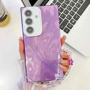 For Samsung Galaxy S24+ 5G Plating Glitter Texture Chain Wristband TPU Phone Case with Lens Film(Purple Feather Yarn)