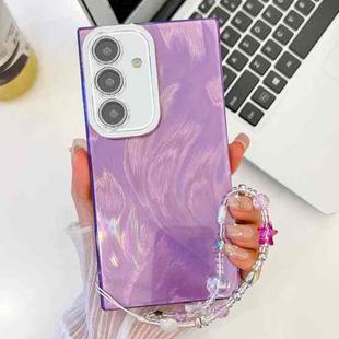 For Samsung Galaxy A25 5G Plating Glitter Texture Chain Wristband TPU Phone Case with Lens Film(Purple Feather Yarn)