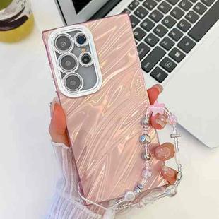 For Samsung Galaxy S23 Ultra 5G Plating Glitter Texture Chain Wristband TPU Phone Case with Lens Film(Pink Water Ripples)