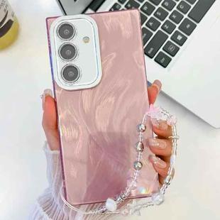 For Samsung GalaxyA36 5G Plating Glitter Texture Chain Wristband TPU Phone Case with Lens Film(Pink Feather Yarn)