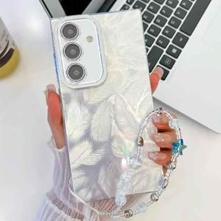 For Samsung Galaxy S25 5G Plating Glitter Texture Chain Wristband TPU Phone Case with Lens Film(White Feathers)