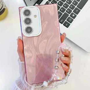For Samsung Galaxy S25 5G Plating Glitter Texture Chain Wristband TPU Phone Case with Lens Film(Pink Feather Yarn)