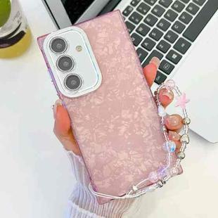 For Samsung Galaxy S25+ 5G Plating Glitter Texture Chain Wristband TPU Phone Case with Lens Film(Pink Shell Pattern)