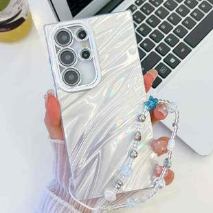 For Samsung Galaxy S25 Ultra 5G Plating Glitter Texture Chain Wristband TPU Phone Case with Lens Film(White Water Ripples)