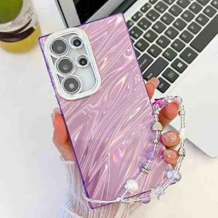 For Samsung Galaxy S25 Ultra 5G Plating Glitter Texture Chain Wristband TPU Phone Case with Lens Film(Purple Water Ripples)