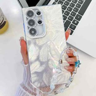 For Samsung Galaxy S25 Ultra 5G Plating Glitter Texture Chain Wristband TPU Phone Case with Lens Film(White Feathers)