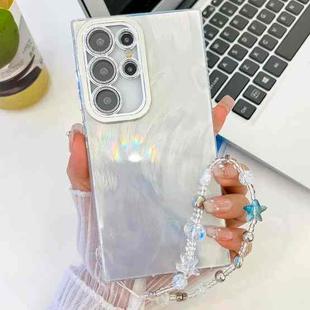 For Samsung Galaxy S25 Ultra 5G Plating Glitter Texture Chain Wristband TPU Phone Case with Lens Film(White Feather Yarn)