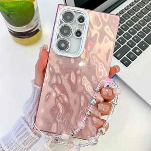 For Samsung Galaxy S25 Ultra 5G Plating Glitter Texture Chain Wristband TPU Phone Case with Lens Film(Pink Wrinkles)