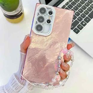 For Samsung Galaxy S25 Ultra 5G Plating Glitter Texture Chain Wristband TPU Phone Case with Lens Film(Pink Tinfoil Texture)