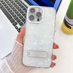 For iPhone 16 Pro Max Plating Glitter Texture Fold Holder TPU Phone Case with Lens Film(White Shell Pattern)