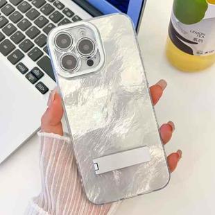 For iPhone 16 Pro Plating Glitter Texture Fold Holder TPU Phone Case with Lens Film(White Tinfoil Texture)