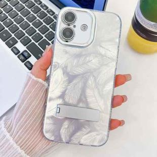 For iPhone 16 Plus Plating Glitter Texture Fold Holder TPU Phone Case with Lens Film(White Feathers)