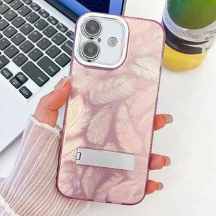 For iPhone 16 Plus Plating Glitter Texture Fold Holder TPU Phone Case with Lens Film(Pink Feathers)