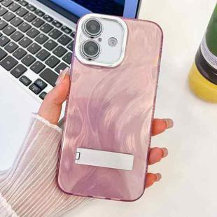 For iPhone 16 Plating Glitter Texture Fold Holder TPU Phone Case with Lens Film(Pink Feather Yarn)