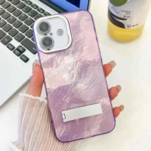 For iPhone 16 Plating Glitter Texture Fold Holder TPU Phone Case with Lens Film(Purple Tinfoil Texture)