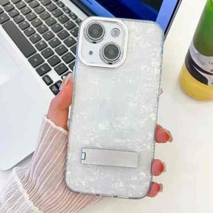 For iPhone 15 Plating Glitter Texture Fold Holder TPU Phone Case with Lens Film(White Shell Pattern)