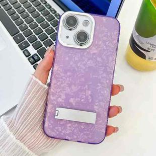 For iPhone 15 Plating Glitter Texture Fold Holder TPU Phone Case with Lens Film(Purple Shell Pattern)