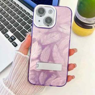 For iPhone 14 Plating Glitter Texture Fold Holder TPU Phone Case with Lens Film(Purple Feathers)