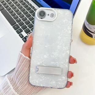 For iPhone 16e Plating Glitter Texture Fold Holder TPU Phone Case with Lens Film(White Shell Pattern)