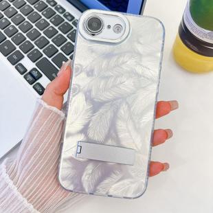 For iPhone 16e Plating Glitter Texture Fold Holder TPU Phone Case with Lens Film(White Feathers)