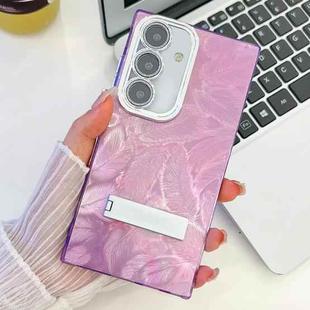 For Samsung Galaxy S24 FE 5G Plating Glitter Texture Fold Holder TPU Phone Case with Lens Film(Purple Feathers)