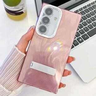 For Samsung Galaxy S24 FE 5G Plating Glitter Texture Fold Holder TPU Phone Case with Lens Film(Pink Feather Yarn)