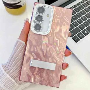 For Samsung Galaxy S24 FE 5G Plating Glitter Texture Fold Holder TPU Phone Case with Lens Film(Pink Wrinkles)