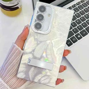 For Samsung Galaxy A35 5G Plating Glitter Texture Fold Holder TPU Phone Case with Lens Film(White Feathers)
