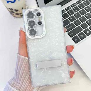 For Samsung Galaxy S24 Ultra 5G Plating Glitter Texture Fold Holder TPU Phone Case with Lens Film(White Shell Pattern)