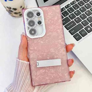 For Samsung Galaxy S24 Ultra 5G Plating Glitter Texture Fold Holder TPU Phone Case with Lens Film(Pink Shell Pattern)