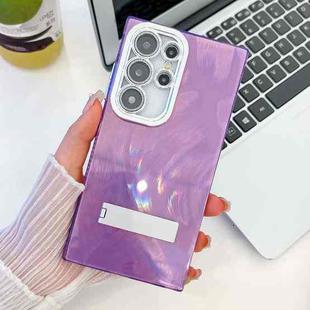 For Samsung Galaxy S24 Ultra 5G Plating Glitter Texture Fold Holder TPU Phone Case with Lens Film(Purple Feather Yarn)