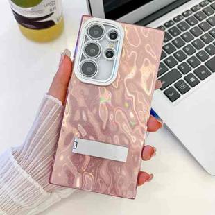 For Samsung Galaxy S24 Ultra 5G Plating Glitter Texture Fold Holder TPU Phone Case with Lens Film(Pink Wrinkles)