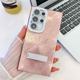 For Samsung Galaxy S24 Ultra 5G Plating Glitter Texture Fold Holder TPU Phone Case with Lens Film(Pink Tinfoil Texture)