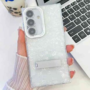 For Samsung Galaxy S24+ 5G Plating Glitter Texture Fold Holder TPU Phone Case with Lens Film(White Shell Pattern)